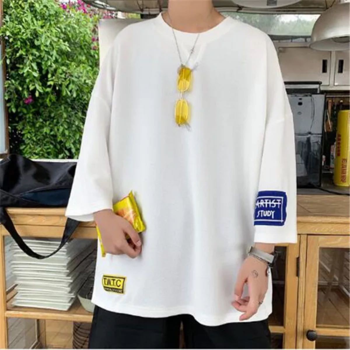 メンズ Tシャツ【XL・白色】 ビッグシルエット 大きいサイズ 七分袖　韓国風