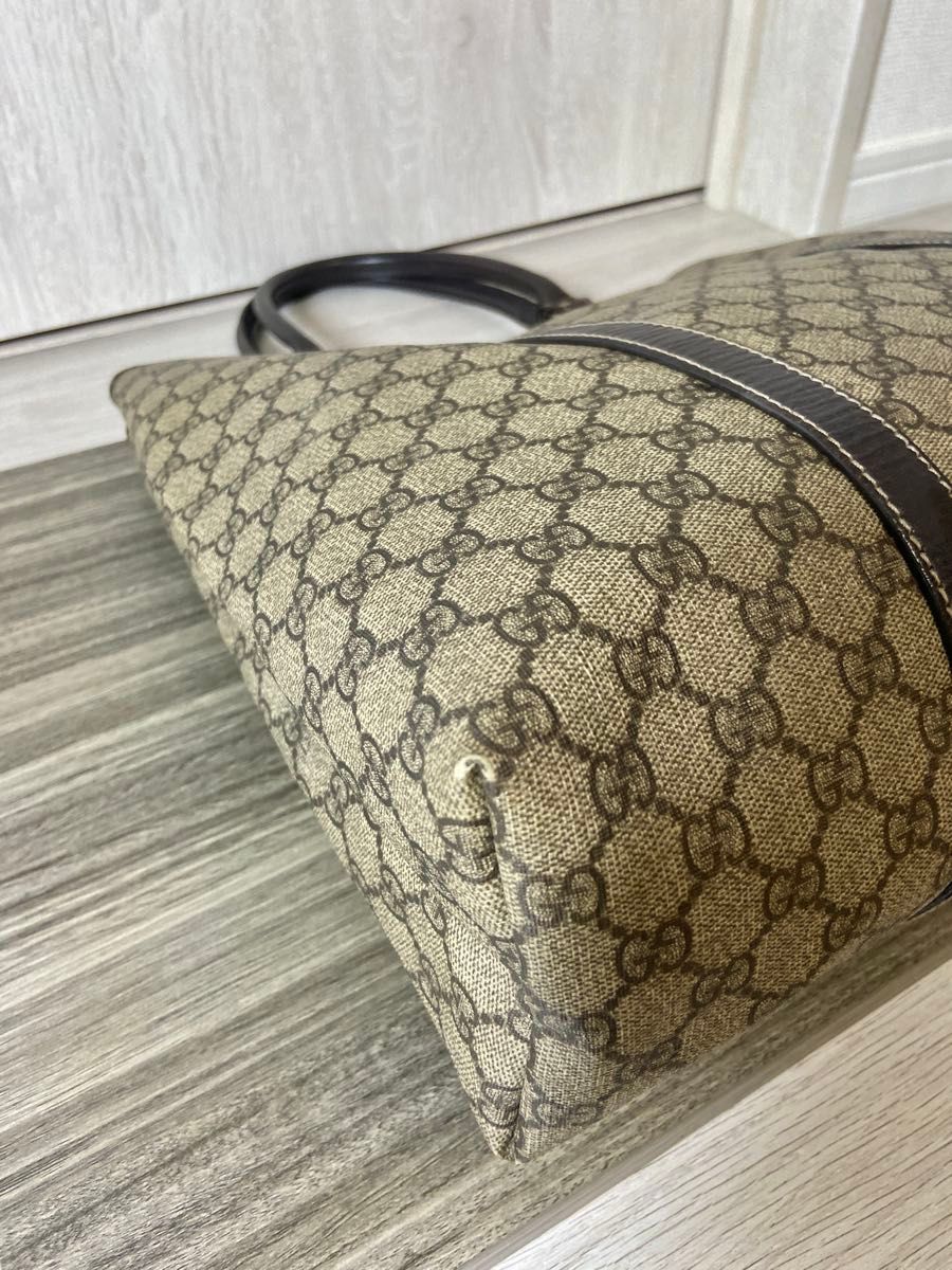 GUCCI トートバッグ GG柄 レザー PVC 大容量 ロゴプレート ベージュ GUCCI トートバッグ GG柄 レザー PVC スプリーム ベージュ ロゴ