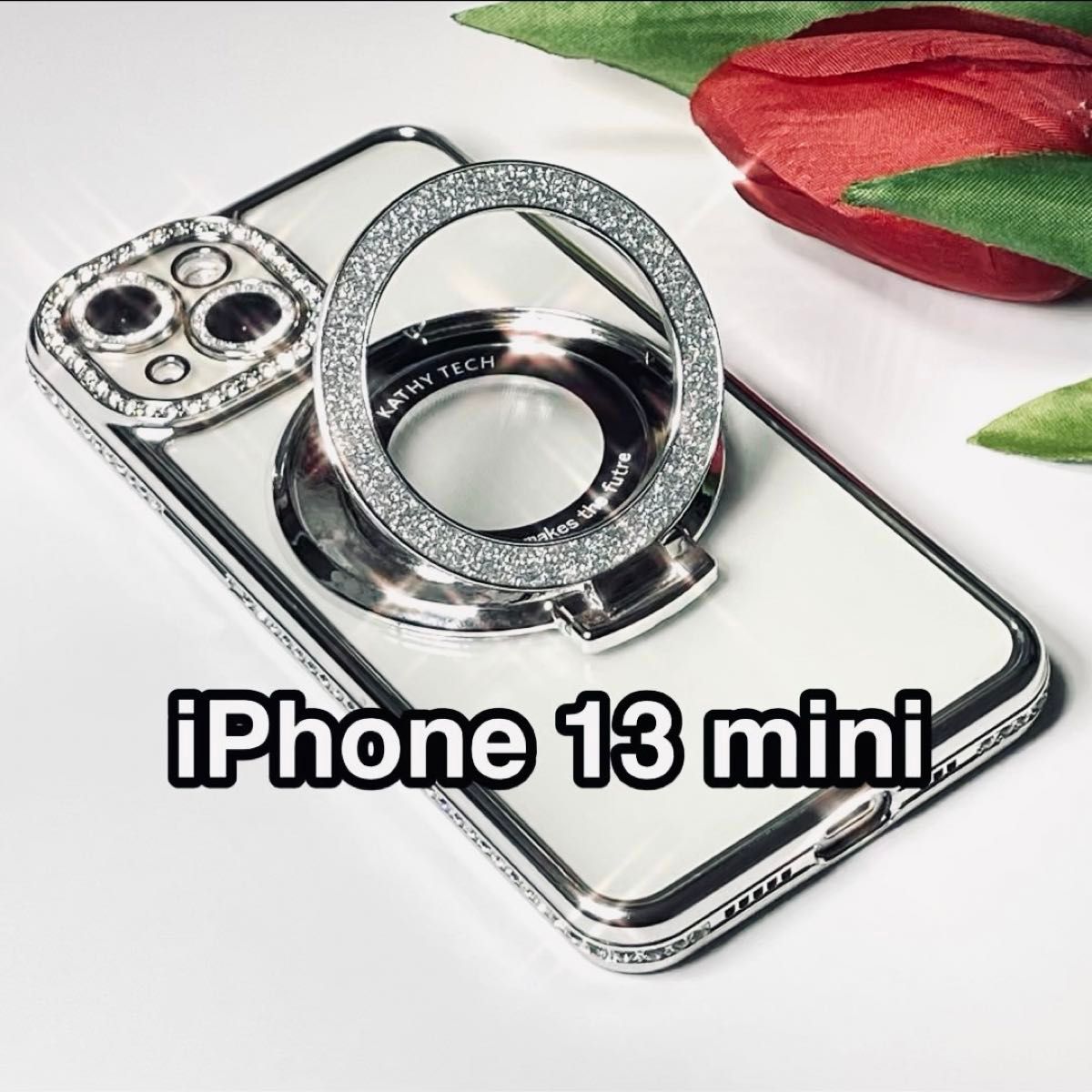 iPhone13miniケース ラインストーン クリアTPU 軽量 MagSafe 大型グリッターリングスタンド カメラレンズ保護