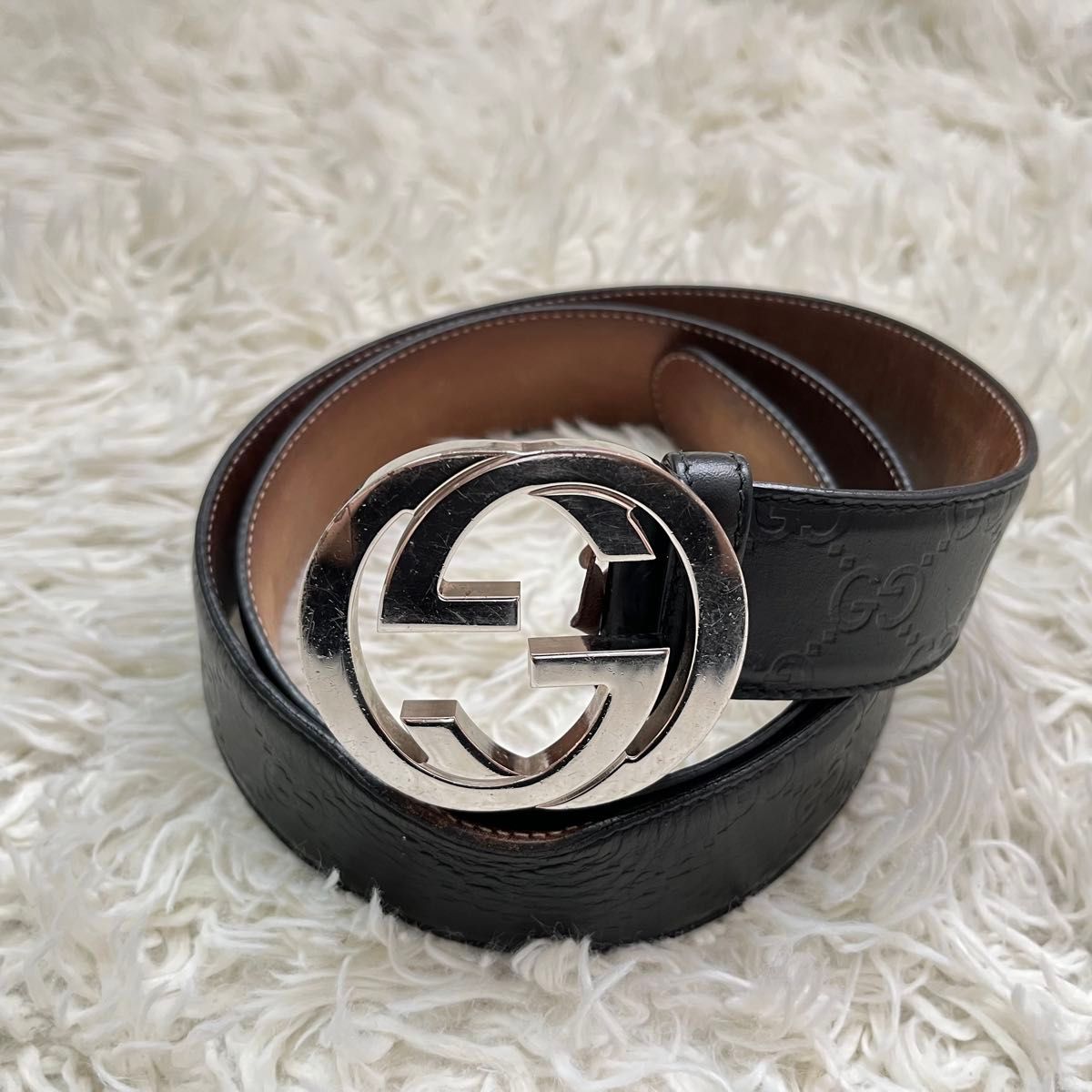 【GUCCI】インターロッキングG ベルト 良品 GUCCI インターロッキングG GG ベルト シルバーバックル 黒