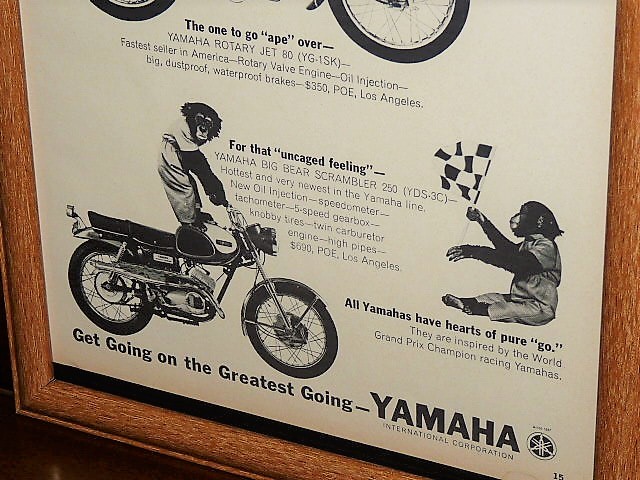1965年 USA '60s 洋書雑誌広告 額装品 Yamaha YG1 80 + YDS3 250 ヤマハ x " THE MONKEY'S UNCLE " Stanly the chimp ( A4 ）_画像3