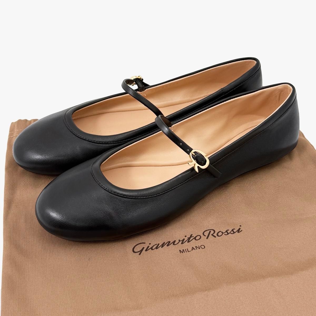【Gianvito Rossi】レザーバレエフラット 定価10万・現行【新品】ジャンヴィトロッシ 25 38 黒 カルラ