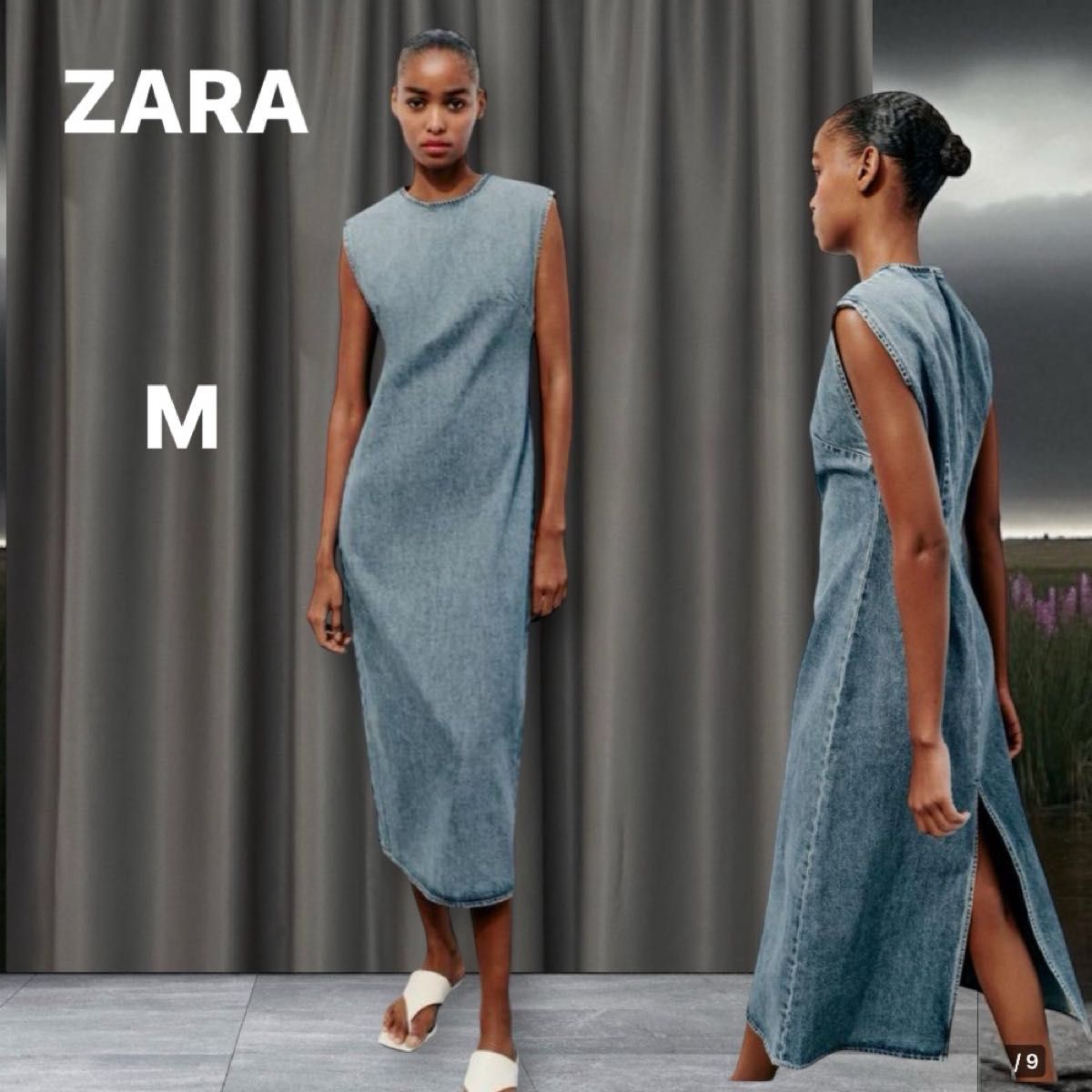 ワンピース デニム 肩フリル ノースリーブ ロング S-XL b-2409 M ザラ ZARA デニム ノースリーブ ロングワンピース 背中