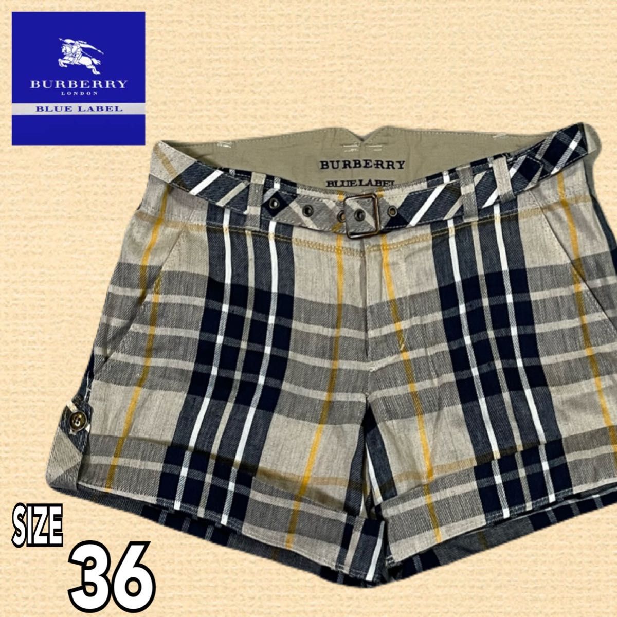 美品 バーバリーロンドン ノバチェック ショートパンツ BURBERRY BLUE LABEL チェック柄 ショートパンツ リネン混36