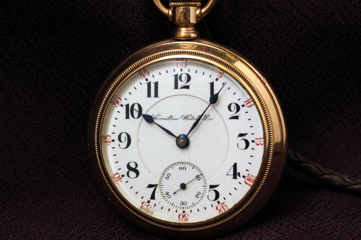 ☆1904年 Hamilton ハミルトン 手巻き 時計 懐中時計 ヴィンテージ アンティーク 金張り 動作良好 56㎜ 美品_画像1