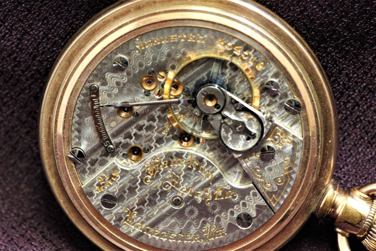 ☆1904年 Hamilton ハミルトン 手巻き 時計 懐中時計 ヴィンテージ アンティーク 金張り 動作良好 56㎜ 美品_画像5