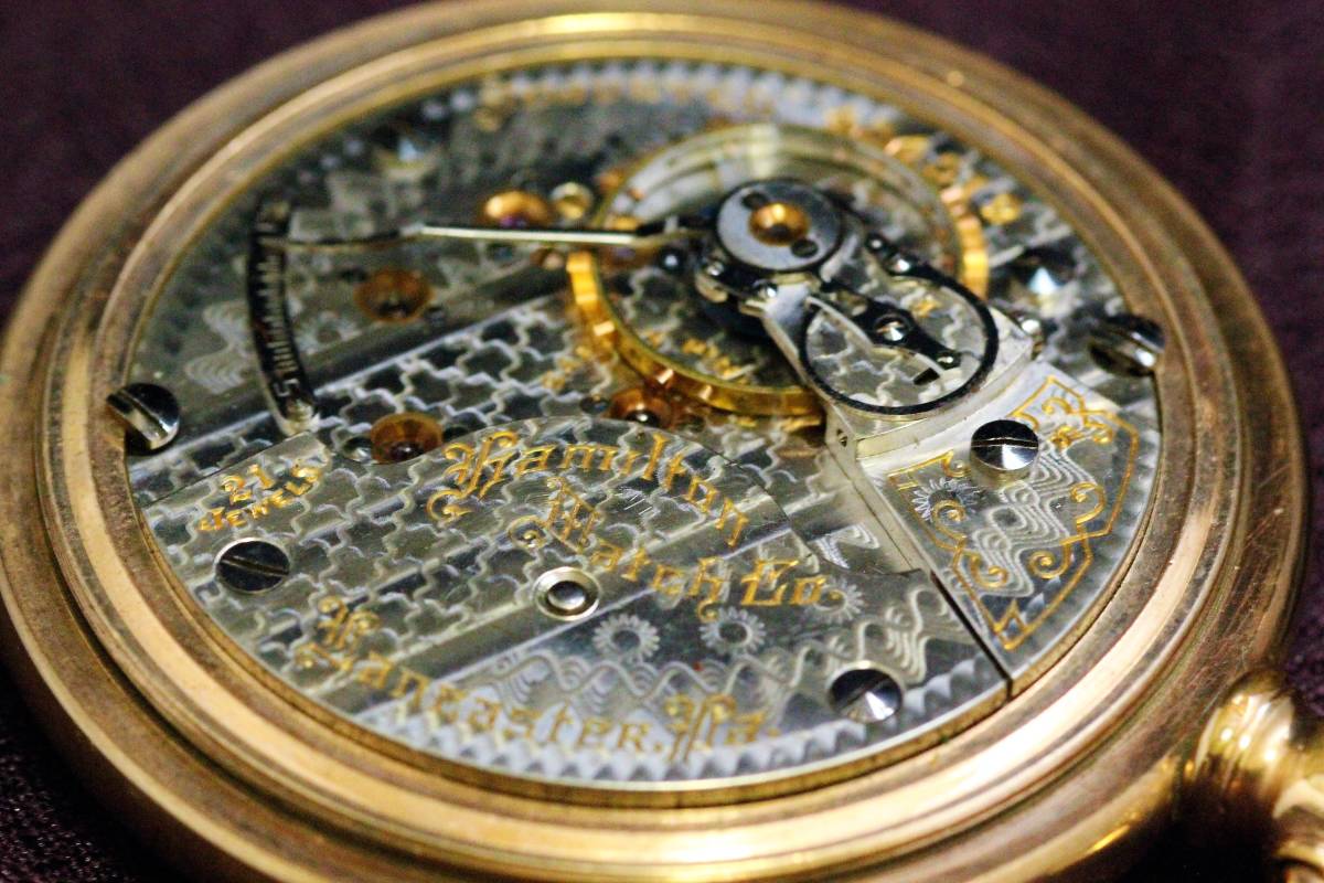 ☆1904年 Hamilton ハミルトン 手巻き 時計 懐中時計 ヴィンテージ アンティーク 金張り 動作良好 56㎜ 美品_画像6