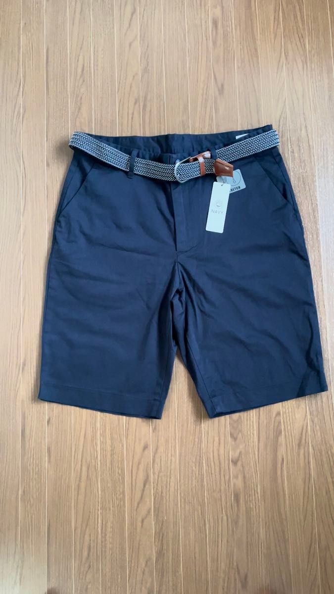 【送料無料】NAVY ネイビー ベルト付きシートパンツ メンズL 新品未使用品 ストレッチハーフパンツ カジュアル ゴルフGOLF