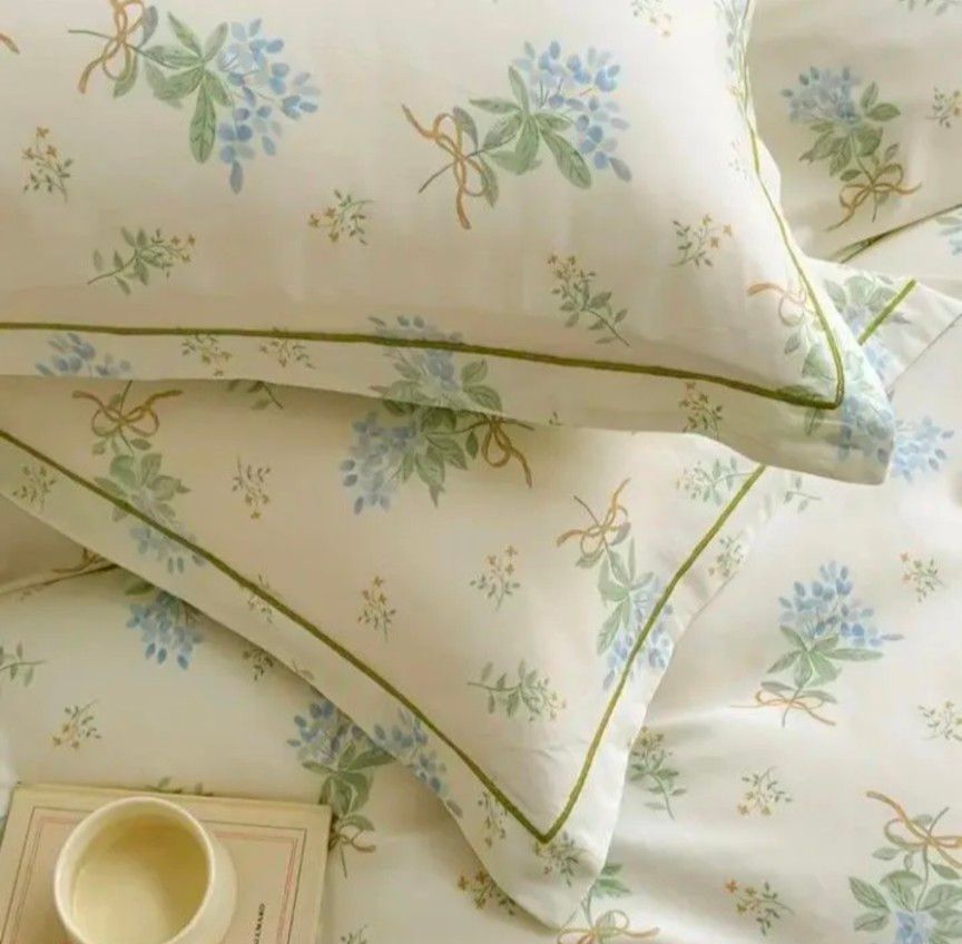 新品★綿100%ブルーすみれ花束とリボンのシングル布団カバーと枕カバー3点セット 新品 綿100%ブルーすみれ花束とリボンのシングル布団カバーと枕