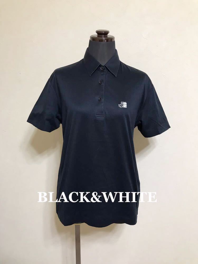 【美品】 BLACK&WHITE GOLF ブラック&ホワイト ゴルフ ウェア レディース ポロシャツ トップス サイズ9 半袖 C-TK6347 黒