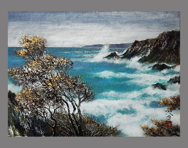 村松乙彦 海辺 風景画 肉筆 色紙絵 村松乙彦 海辺 風景画 肉筆 色紙絵