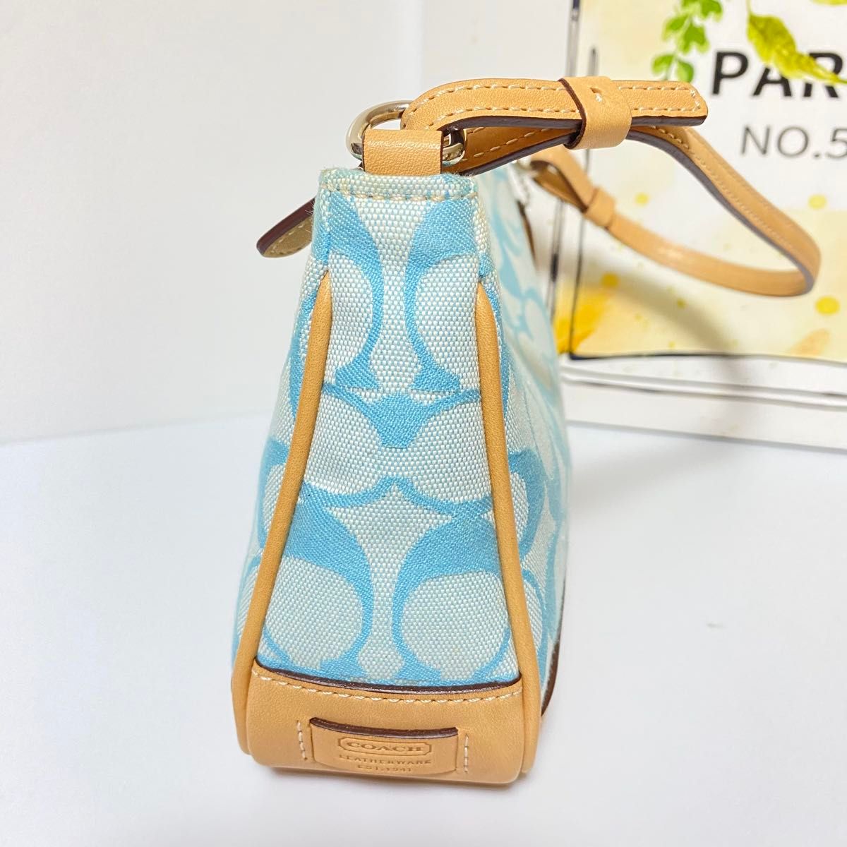 COACH コーチ アクセサリーポーチ ハンドバッグ 6094 ブルー 美品 コーチ アクセサリーポーチ キャンバス ライトブルー 6094
