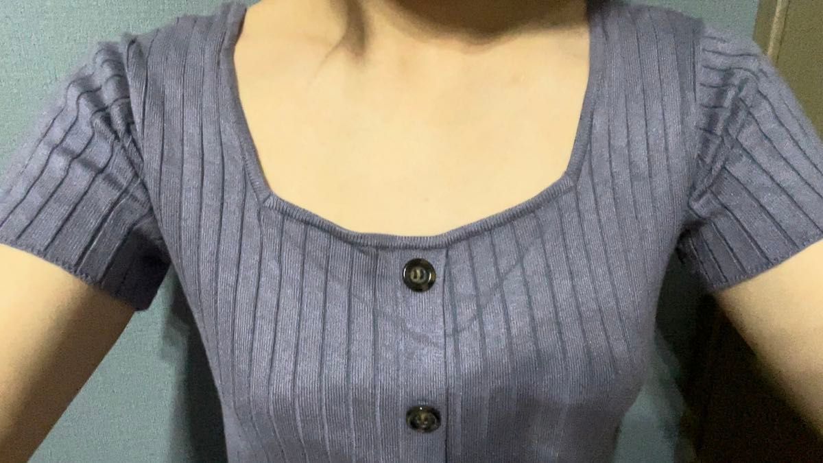 リブニット トップス レディース 青 女子 夏