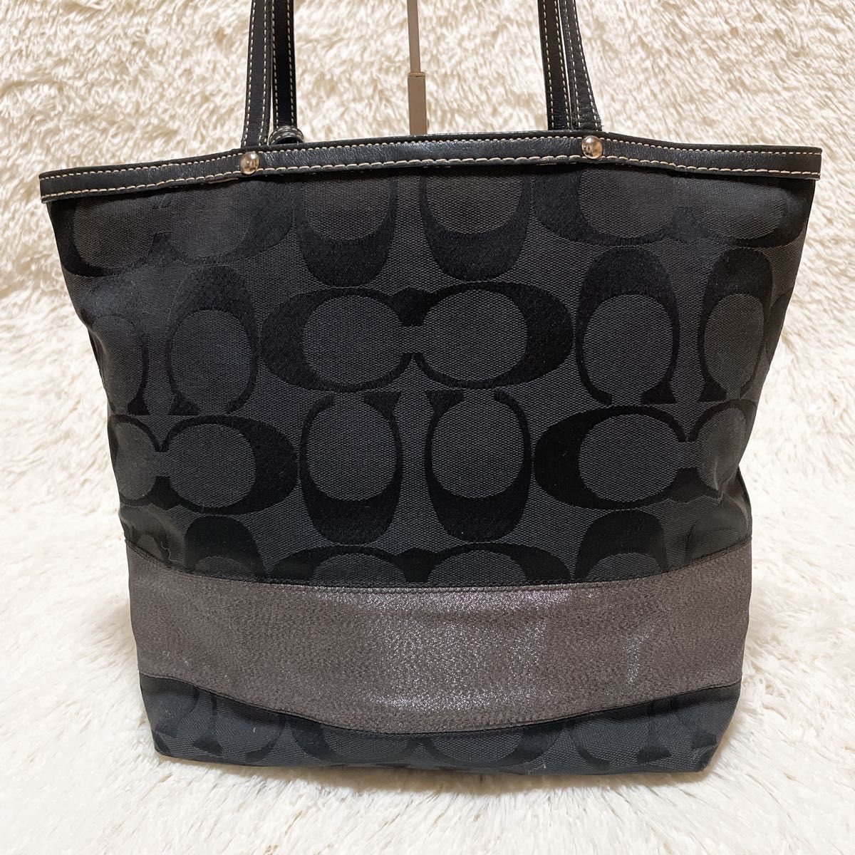 未使用級/A4収納可能✨コーチ トートバッグ シグネチャー レザー 黒 肩がけ A4】COACH コーチ トートバッグ 肩掛け ショルダーバッグ