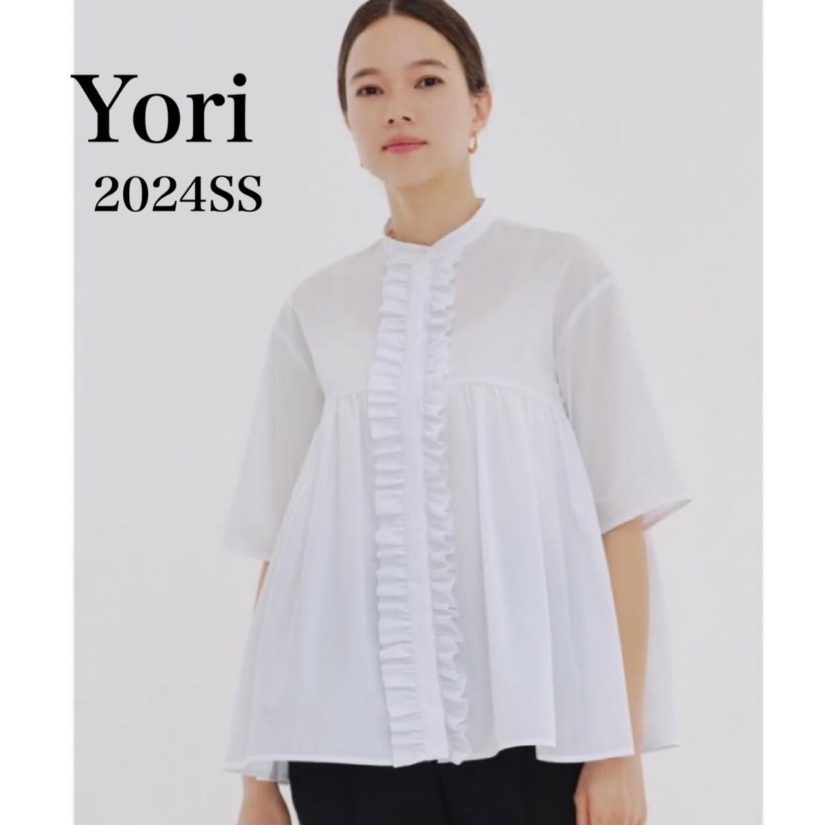 yori ブラウス半袖 新品 YORI ヨリフロントフリルギャザーブラウス 五分袖 ブラウス