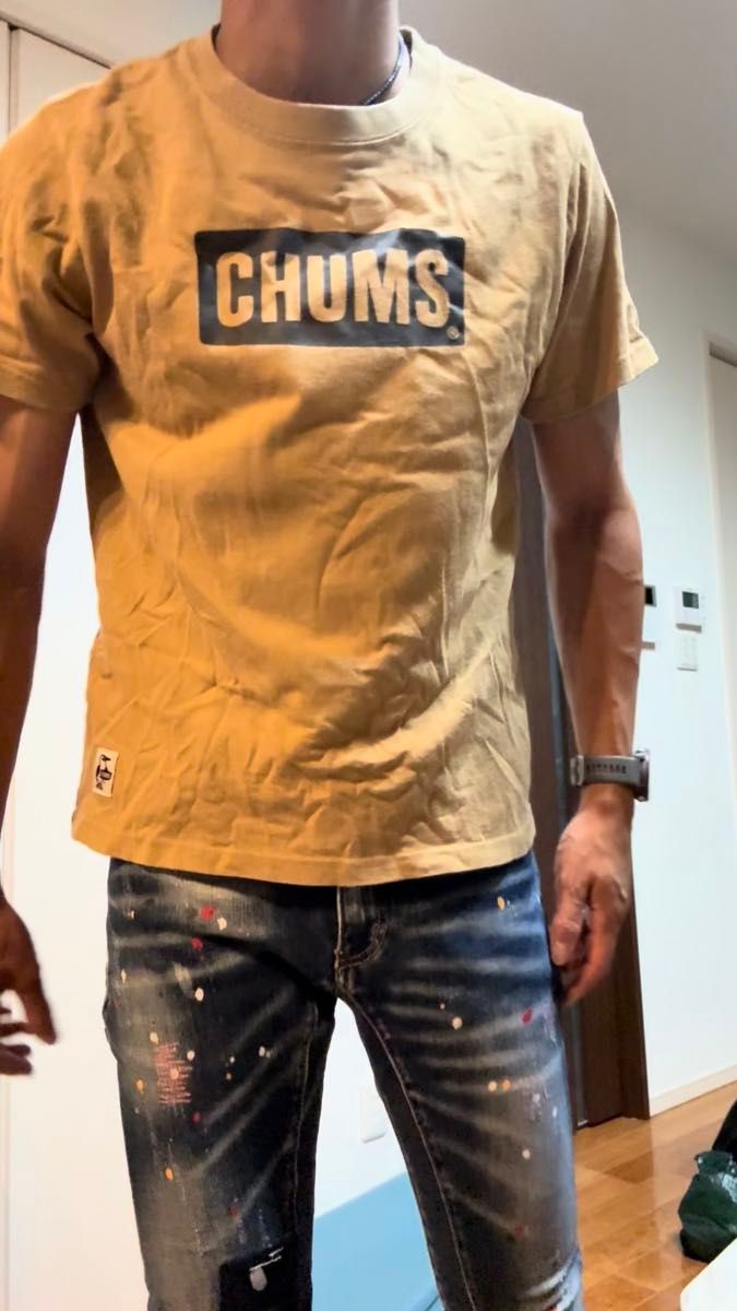 チュムス CHUMS ベージュ ロゴ Tシャツ Sサイズ 美品 Tシャツ 半袖Tシャツ