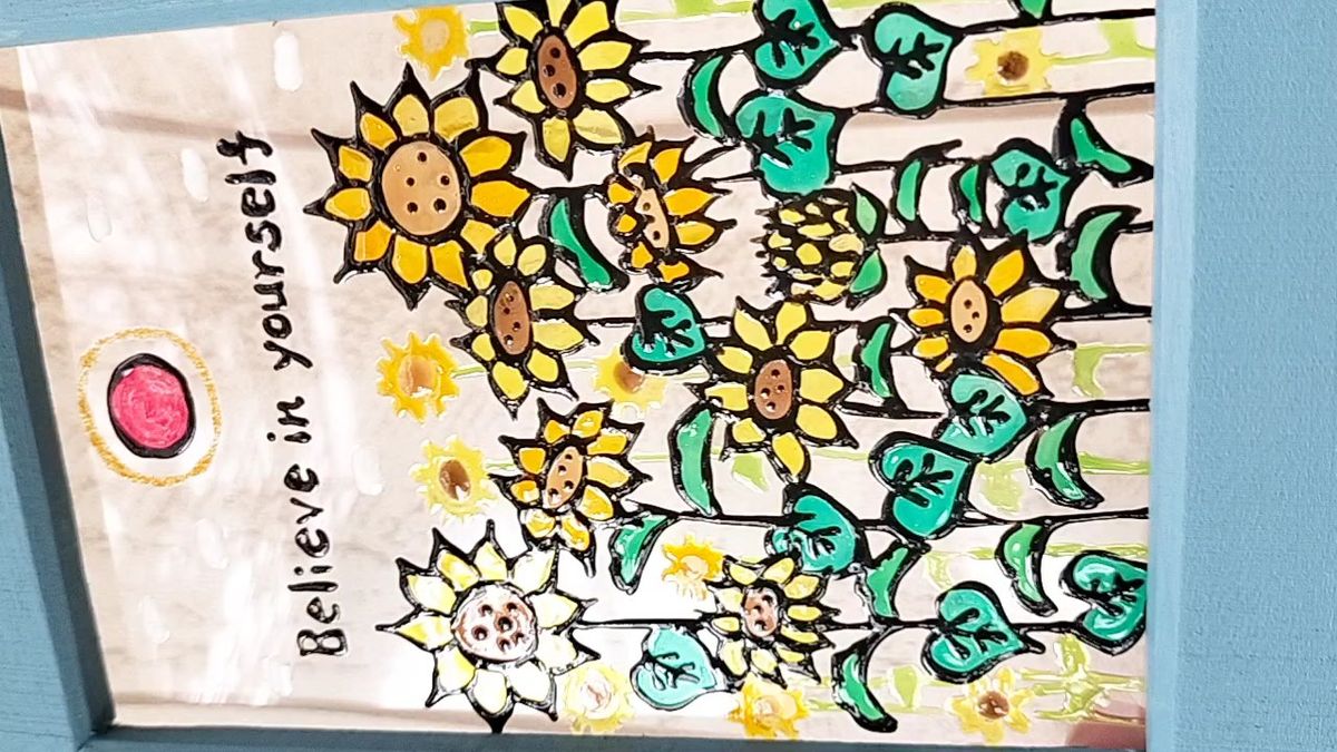 ステンドグラス風 ひまわり畑 夏雑貨 グラスアート イラスト プレゼントにも インテリア雑貨 ハンドメイド