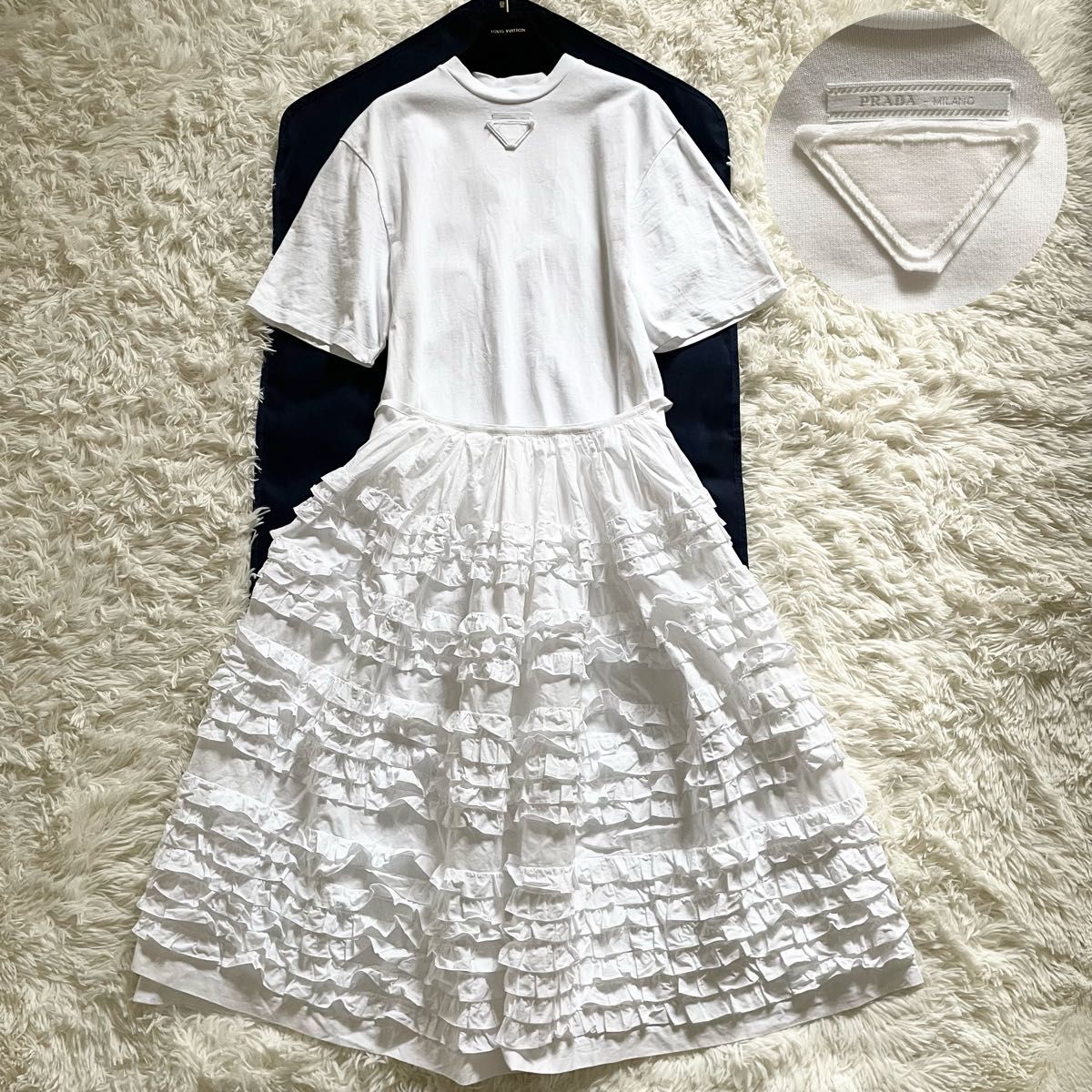 PRADA マキシロゴドレス 美品 現行 PRADA プラダ 三角ロゴ 2way マキシ丈 ワンピース XL