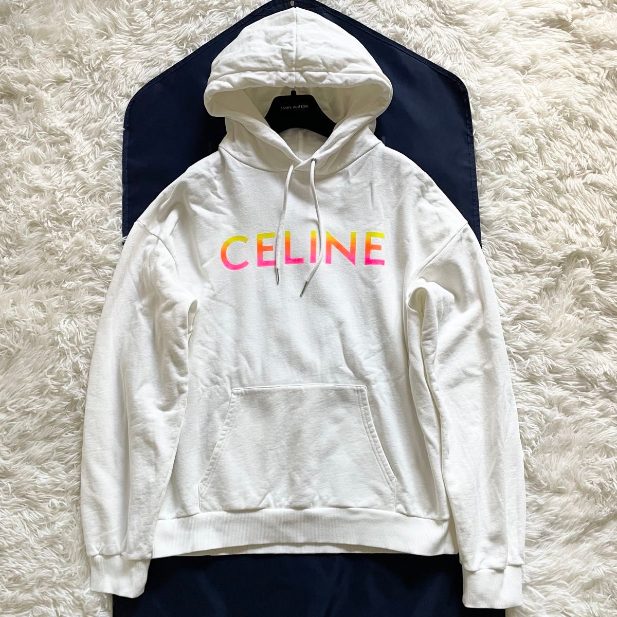 CELINE ロゴパーカー 美品 CELINE セリーヌ ロゴ パーカー ホワイト サイズL プル