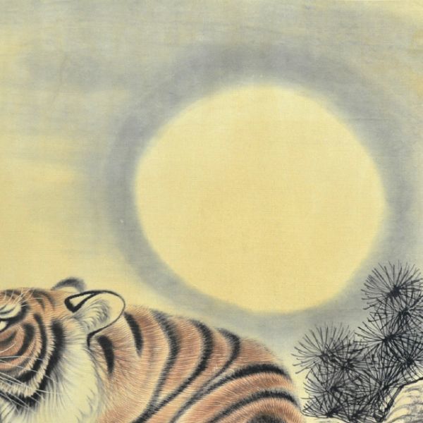 F23825 中国美術 張善仔「月下 猛虎図」動物図 虎図 掛軸 紙 F23825 中国美術 張善仔「月下 猛虎図」動物図 虎図 掛軸 紙