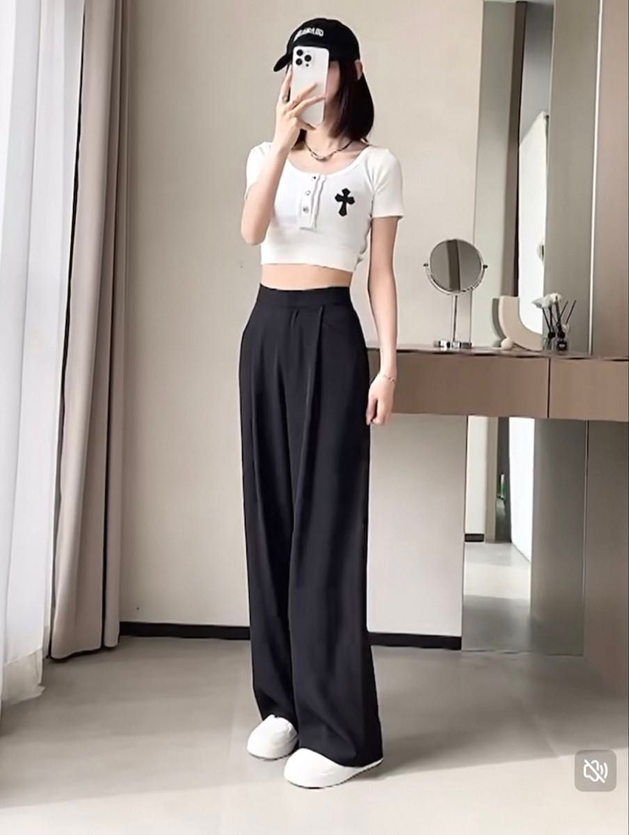 ハイウエストスラックス パンツ 丈長め 黒 XL