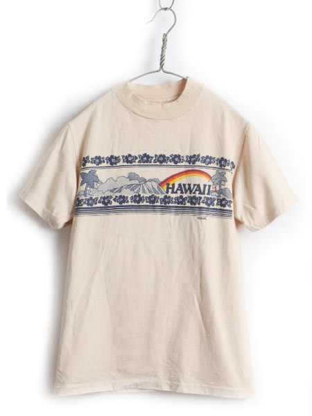80s USA製 ビンテージ ■ Hanes ヘインズ アロハ プリント 半袖 Tシャツ ( メンズ レディース S ) 古着 ハワイアン 一点物 80年代 ベージュ