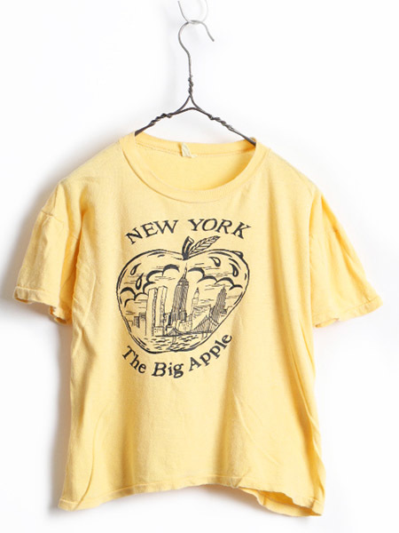 80's ビンテージ パキ綿 ■ NEW YORK アップル プリント 半袖 Tシャツ ( レディース 女性 S 程) 古着 一点物 黄 イエロー 半袖Tシャツ