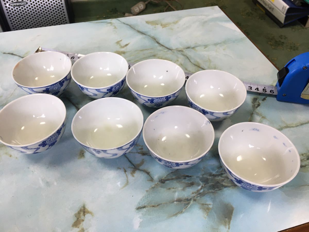 染付 茶器　煎茶道具 古玩 青花 花柄　茶碗8客　陶器 明治大正昭和初期 信州　天保明治築古民家　蔵出　アンティーク レトロ飲食店什器和食_画像4