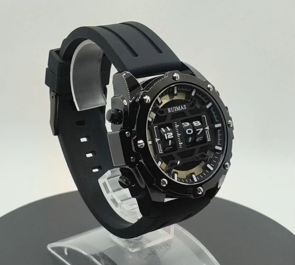 【NEW】RUIMAS RM533G クォーツ 回転式 (動画あり) ローラードラム ビッグフェイス 腕時計 新品電池交換済み