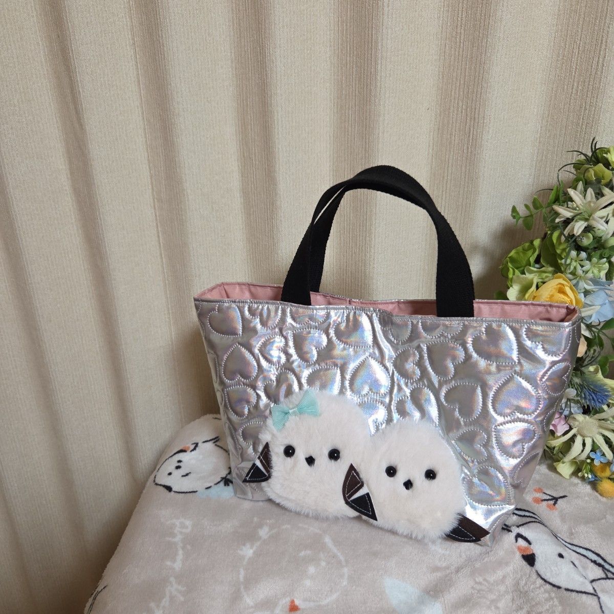 ●いちご●親子もふもふシマエナガ トートバッグ&ショルダー 親子もふもふシマエナガ トートバッグ ハンドメイド ラメハート