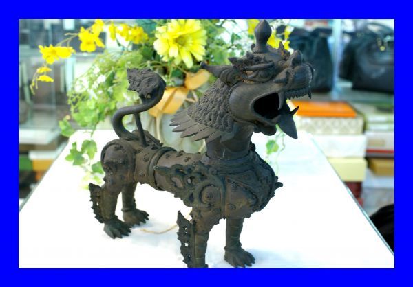 オンラインショップ アンティーク 狛犬 唐獅子 真鍮製 中国美術 ○中古 4.9kg D1248 希少 置物