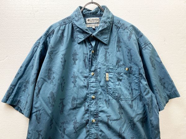 超爆安  (XL) 総柄シャツ 半袖 フィッシュプリント コロンビア Columbia 90's 青系 コットン 99年製 旧タグ 90年代 魚柄 半袖シャツ