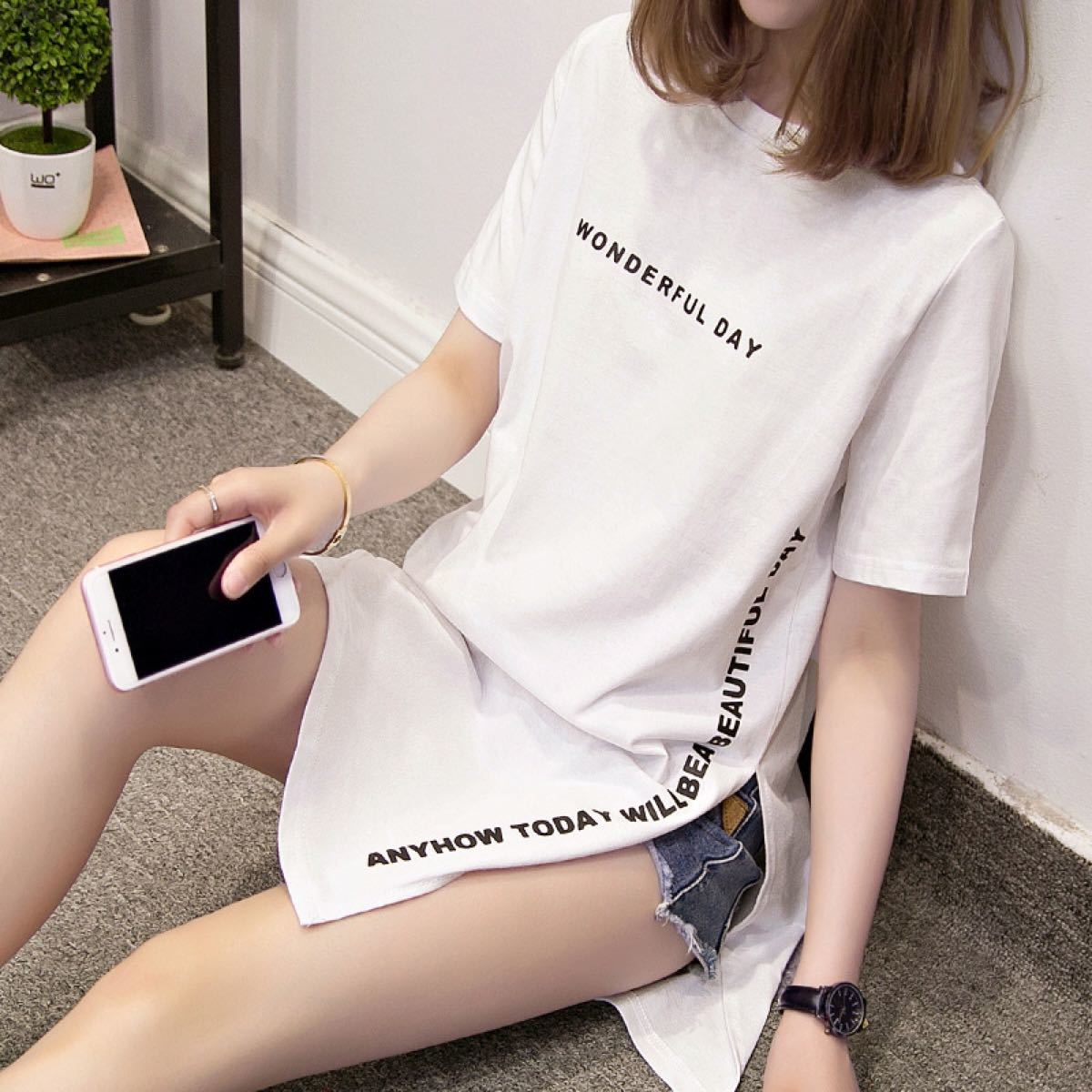 大人気夏韓国ファッションロングロゴプリントスリットレディースTシャツホワイト