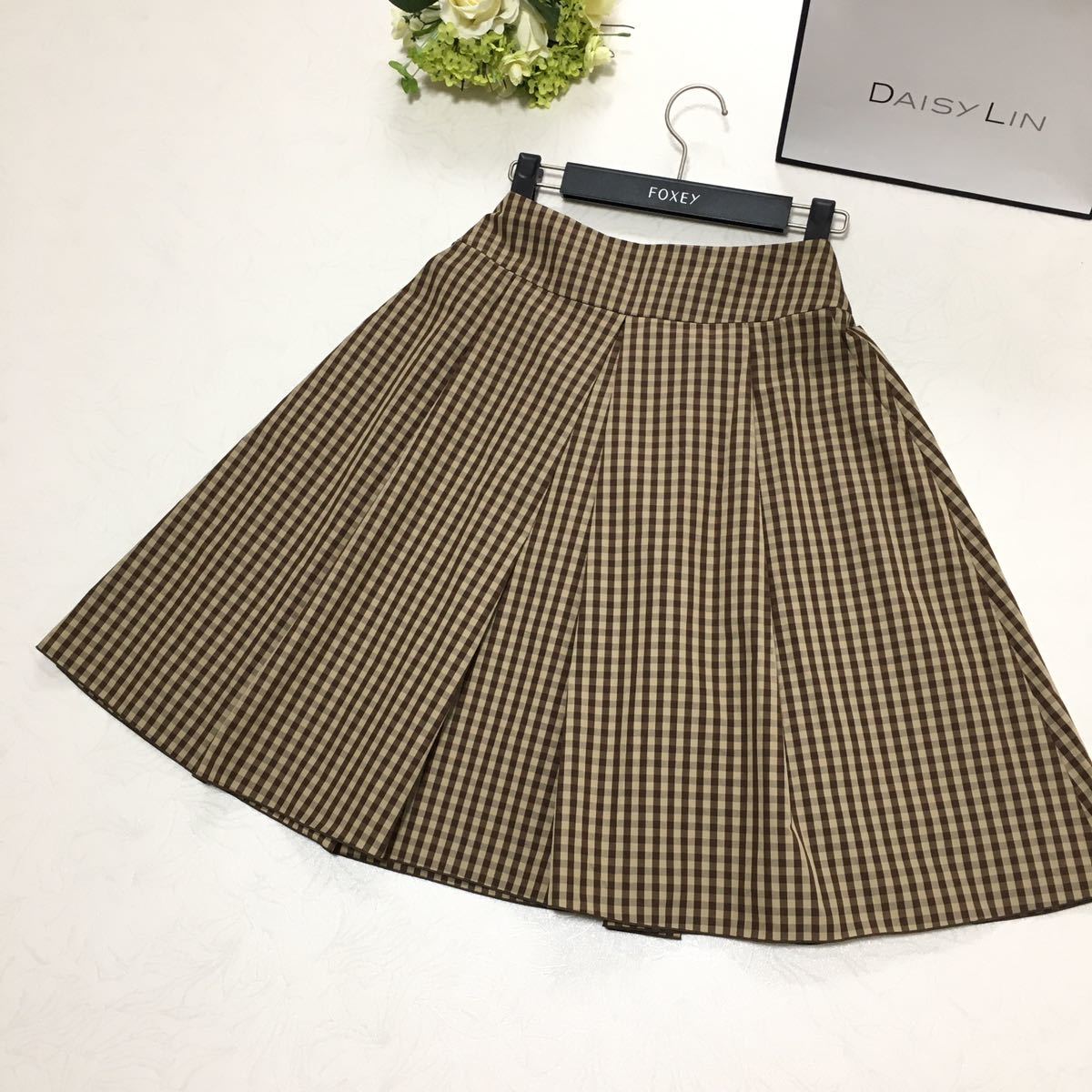 美品 フォクシー FOXEY 洗える フレア チェック スカート 38 送料無料