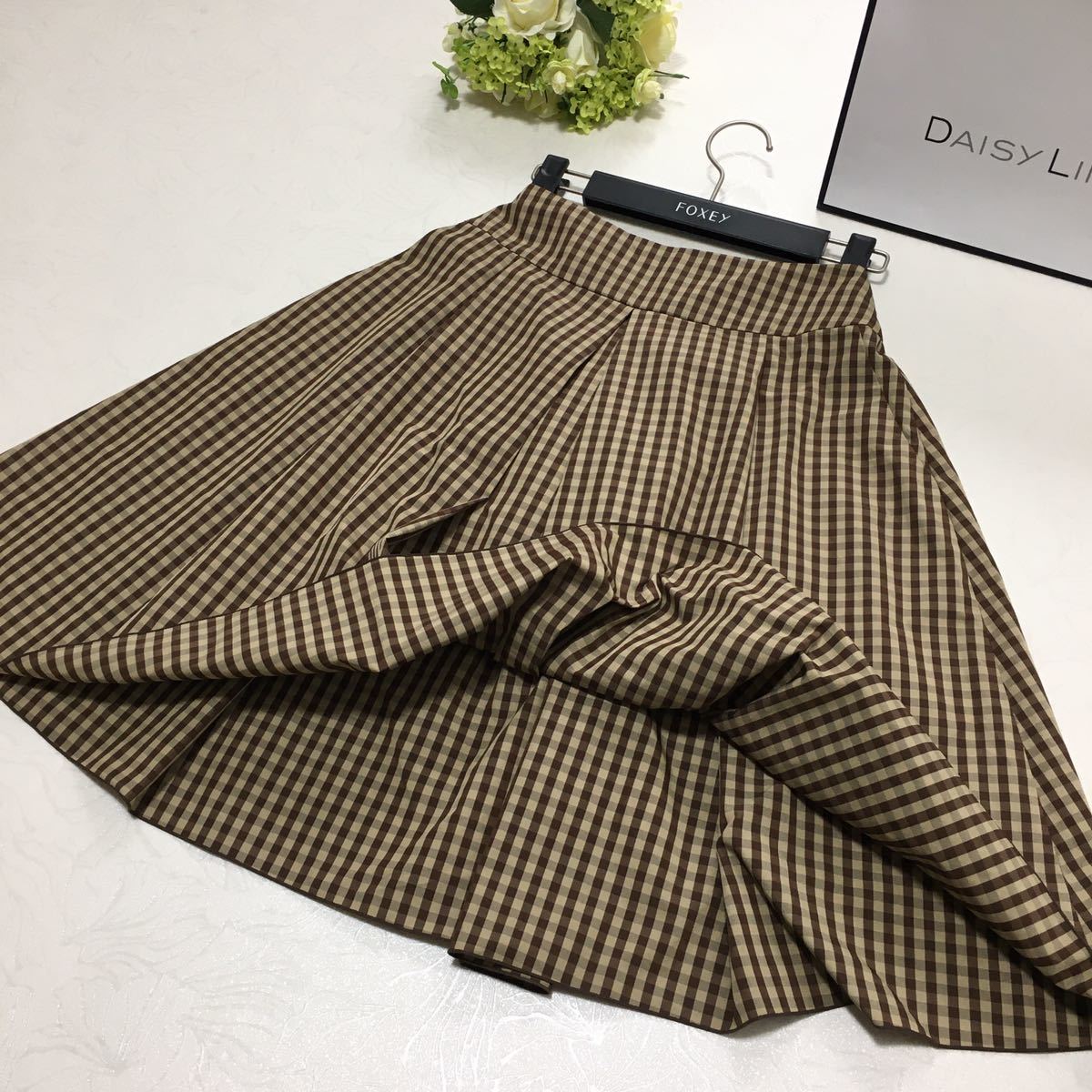 美品 フォクシー FOXEY 洗える フレア チェック スカート 38 送料無料