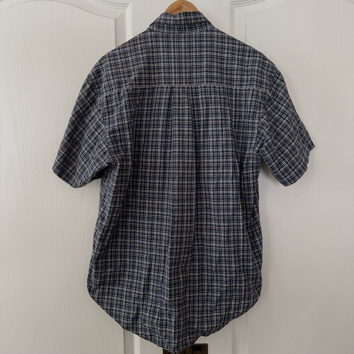 90s BANANA REPUBLIC Banana Republic короткий рукав проверка рубашка темно-синий L короткий длина переделка старый бирка кнопка down 