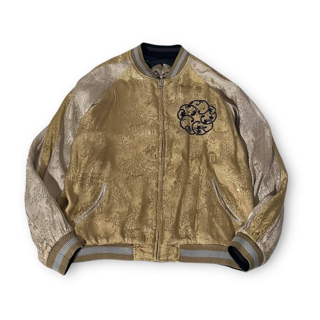 花旅楽団　リバーシブル　スカジャン　ゴールド　刺繍　レーヨン　鯉　花　総柄 花旅楽団 鯉と金太郎 刺繍 リバーシブルスカジャン ライト