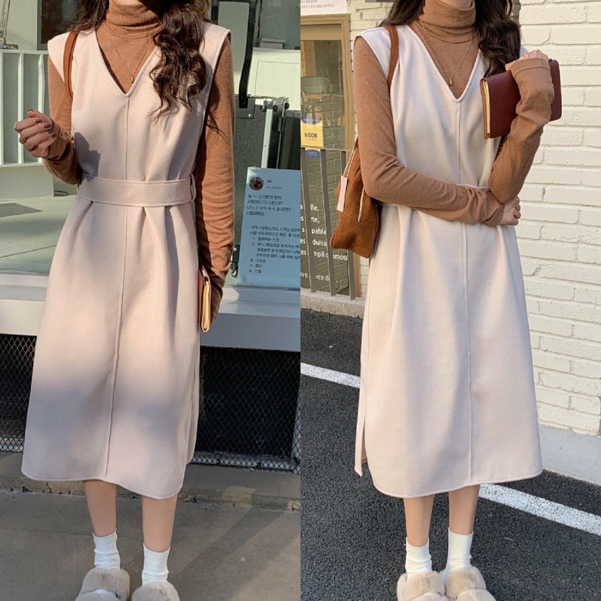 美品】Diosfront ディオスフロントノースリーブ　ワンピース　S ウール 送料無料 ロングワンピース Vネック ベージュ_画像2