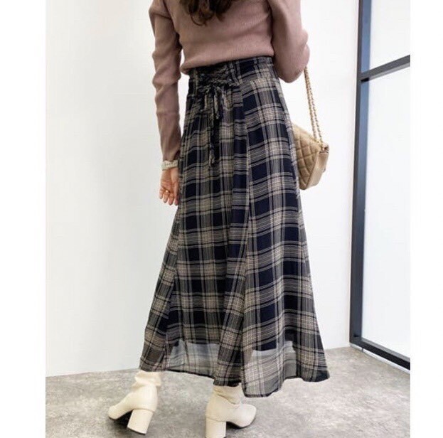 【美品】INGNI チェック柄　マーメイド　ロングスカート　FREE シアー 送料無料 レースアップ ブラック_画像4