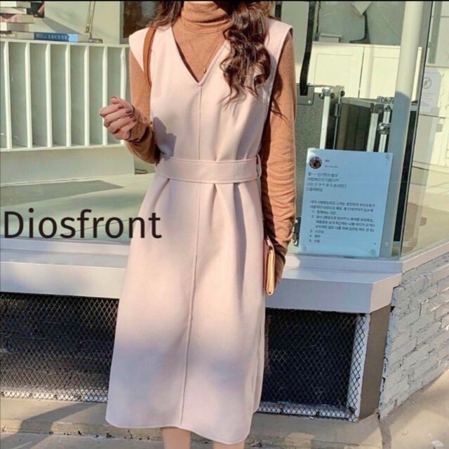 美品】Diosfront ディオスフロントノースリーブ　ワンピース　S ウール 送料無料 ロングワンピース Vネック ベージュ_画像1
