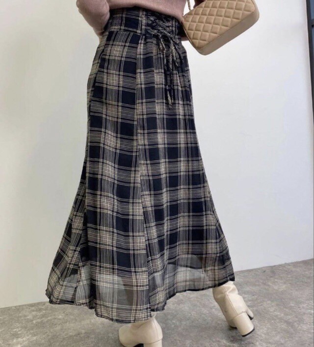 【美品】INGNI チェック柄　マーメイド　ロングスカート　FREE シアー 送料無料 レースアップ ブラック_画像3