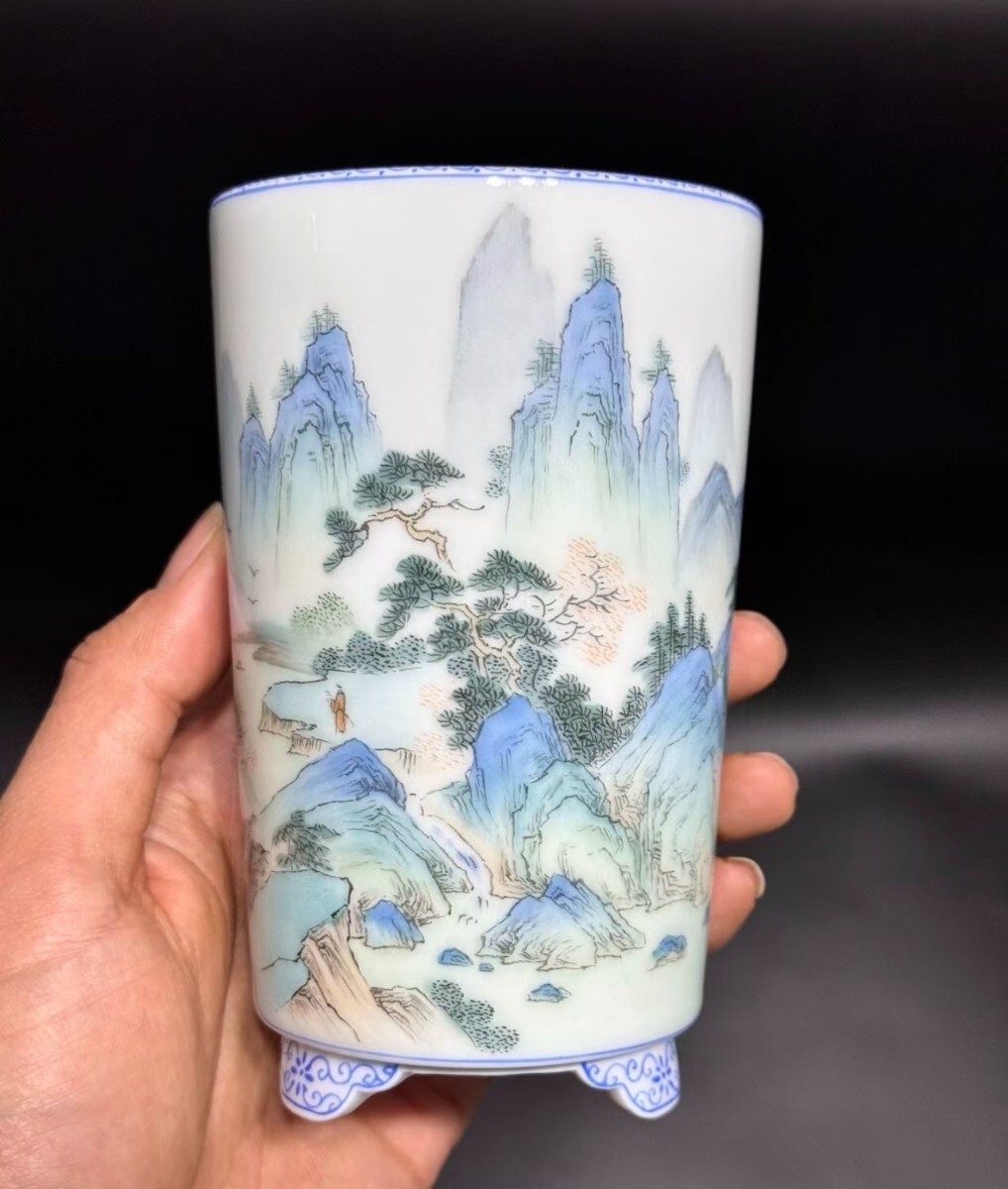 810A1 『藤原窯月』秋物山 收藏 手描きの盆 華山奇景図 鉢 盆栽鉢 園芸 植木鉢 観葉植物 工芸品 陶磁器 小品盆栽鉢 京楽焼 旧家収蔵 置物