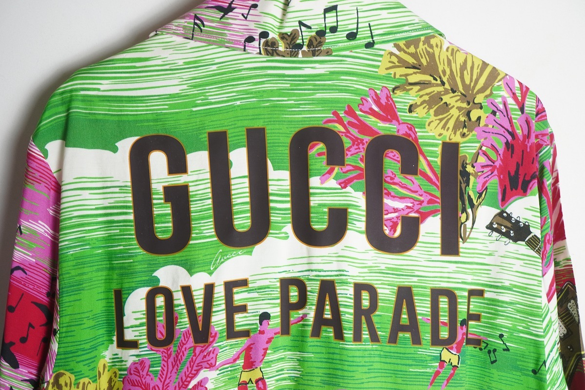 美品 正規(guī) 22SS GUCCI グッチ LOVE PARADE MUSIC OCEAN 半袖 オープンカラー ボーリング シャツ アロハ 703607 ZAJUH 緑38 本物717P▲