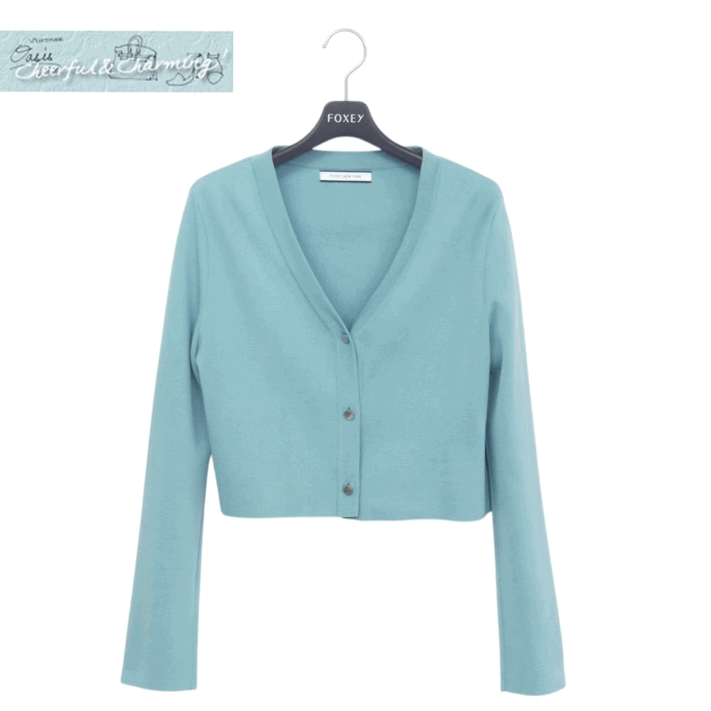 FOXEY NEWYORK カーディガン ラフェット 42 アクアマリン レーヨンBLEND ロゴ入ボタン ´21年商品 41685
