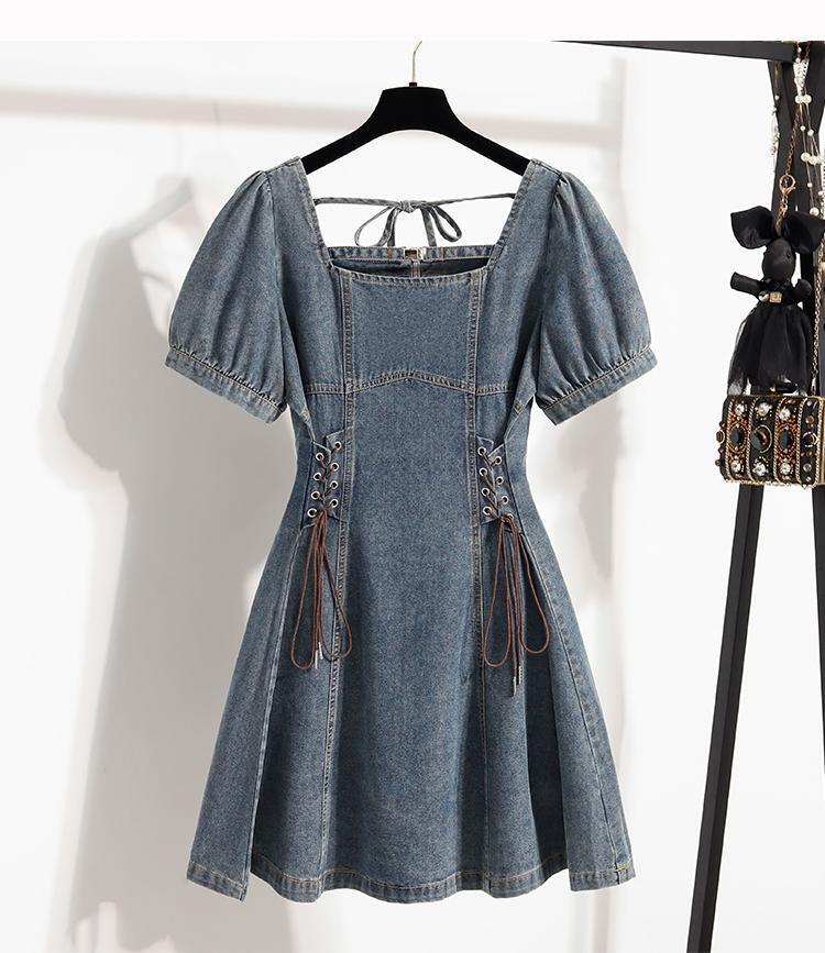新品 大きいサイズ デニム ワンピース 半袖 ミニ丈 大人可愛いパフスリーブ夏秋