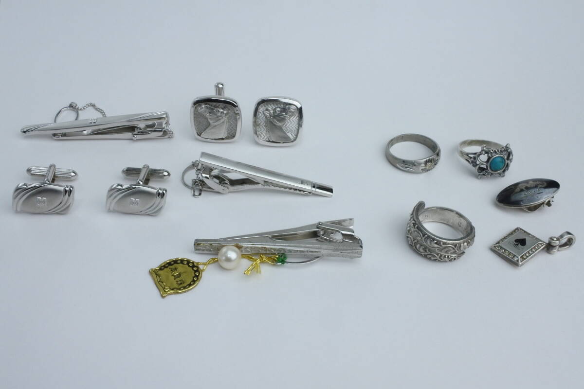 銀 製(SILVER 純銀sterling刻印あり) ネクタイピン 指輪  カフス等12点 86g ☆ 中古保管品_画像1