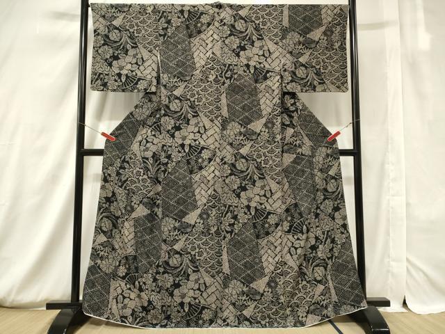 平和屋着物■上質な小紋　切嵌花文　黒地　正絹　逸品　 CAAV4232in_画像2