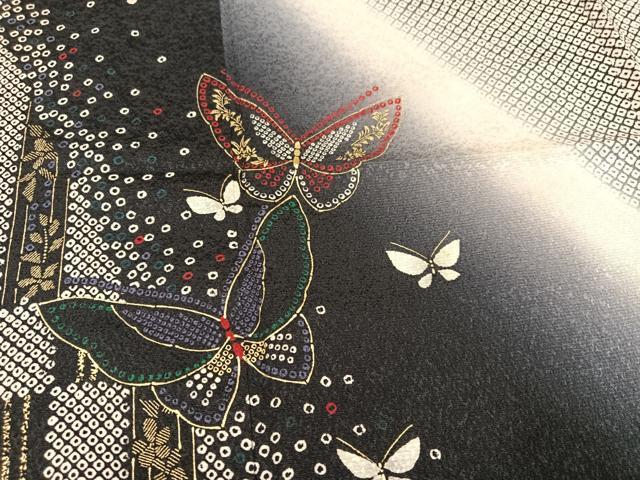 平和屋着物○訪問着 作家物 舞蝶文 暈し染め 黒地 正絹