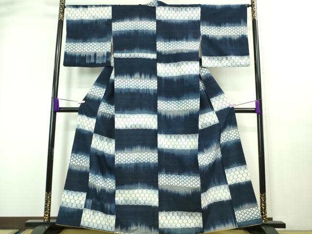 平和屋着物■極上　紬　藍染　市松　逸品　DZAA7621kh5