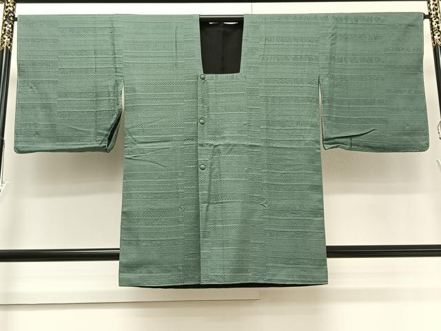 平和屋着物＃道行コート　リバーシブル　横段花唐草地紋　木賊色　正絹　逸品　CAAV5643id